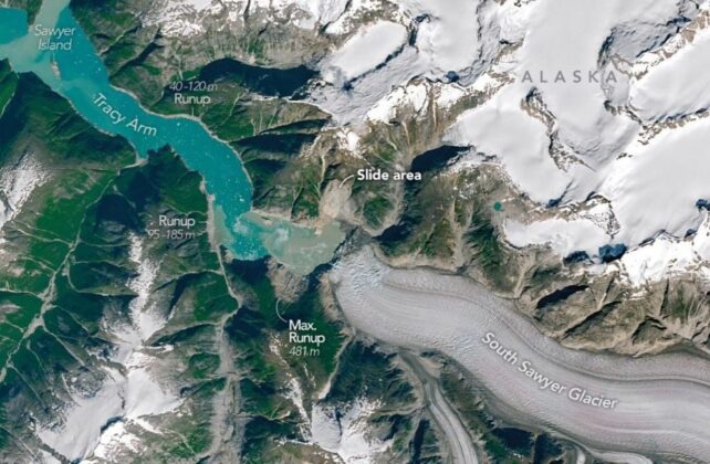 Satellite view of the Tracy Arm fjord showing areas affected by the tsunami.