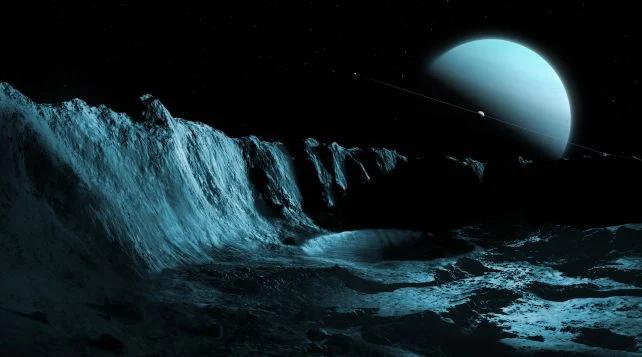 An artist's depiction of Uranus as viewed from the surface of its moon Ariel. The larger inner moons of Uranus orbit on a common equatorial plane, despite the planet's extreme axial tilt.