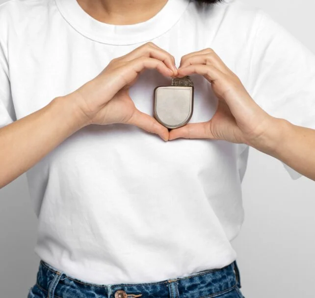 Person holding an implantable cardioverter defibrillator against their chest while forming a heart shape around it with their hands.
