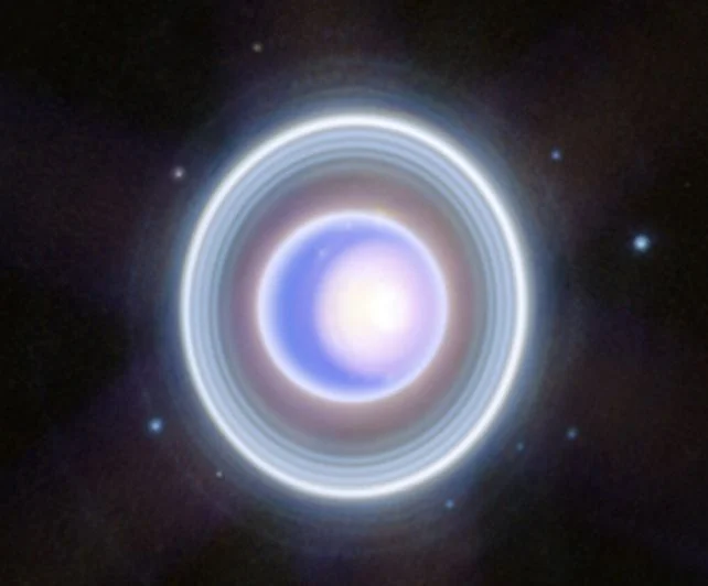 JWST image of Uranus, its rings, and moons Rosalind, Puck, Belinda, Desdemona, Cressida, Bianca, Portia, Juliet, and Perdita.